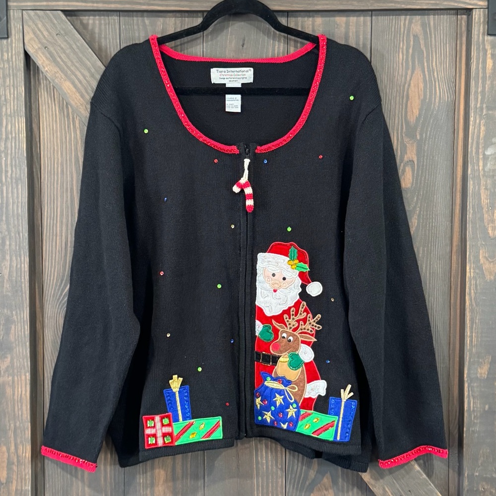 Tiara International Women’s Black Cardigan with Santa and Gifts‎ Christmas 3X
